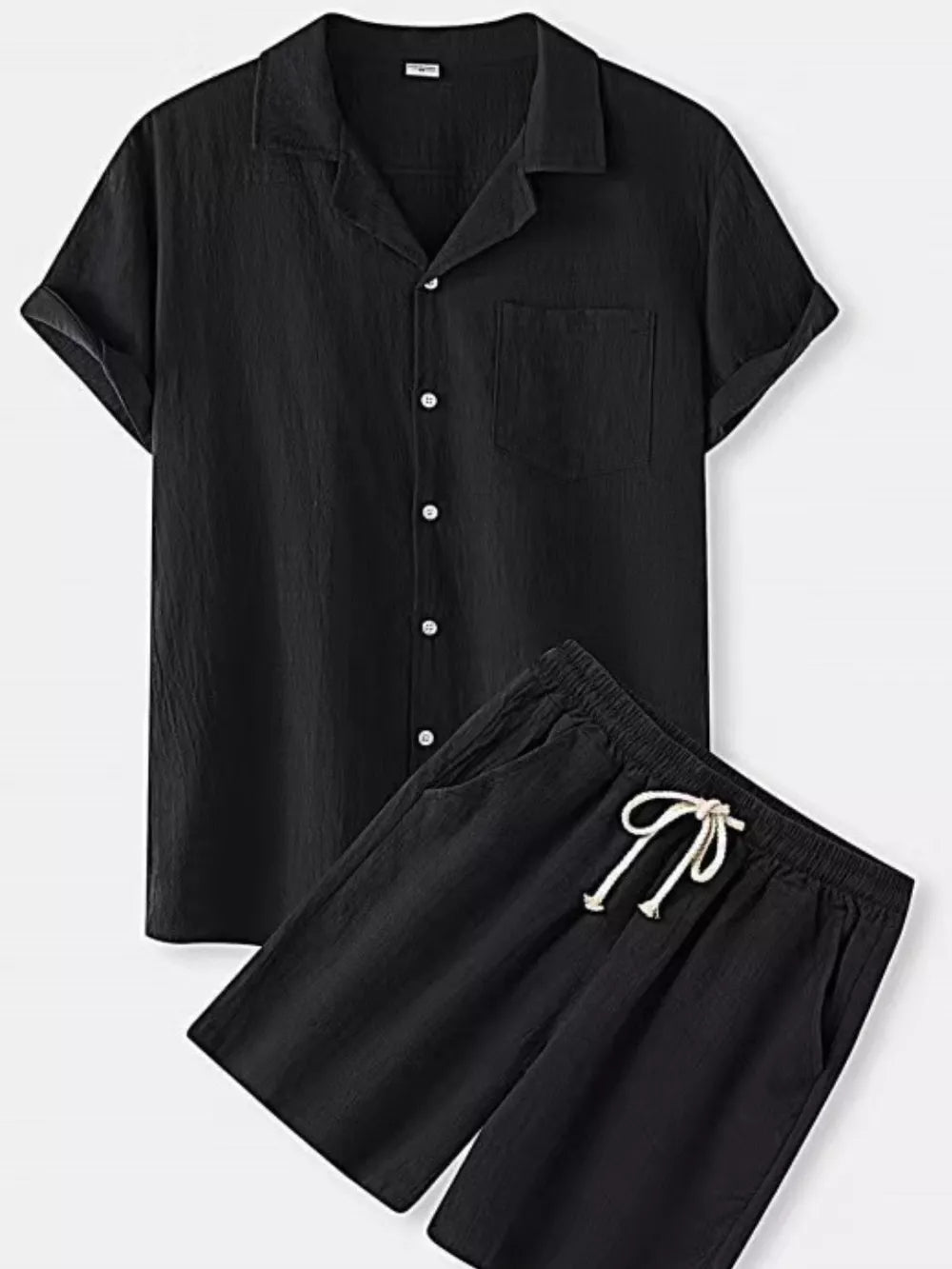 Black linen blend short sleeve camp shirt and drawstring shorts set