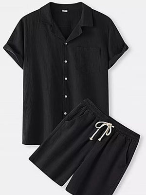 Black linen blend short sleeve camp shirt and drawstring shorts set