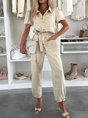 vintage-inspired jumpsuit in light wash denim with collared