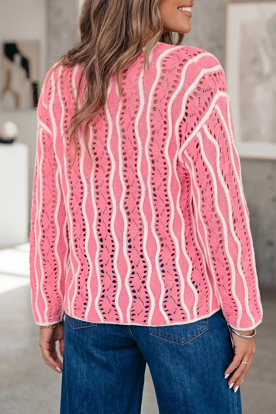 Wavy Detail Hollow Out Knit Sweater in Pink