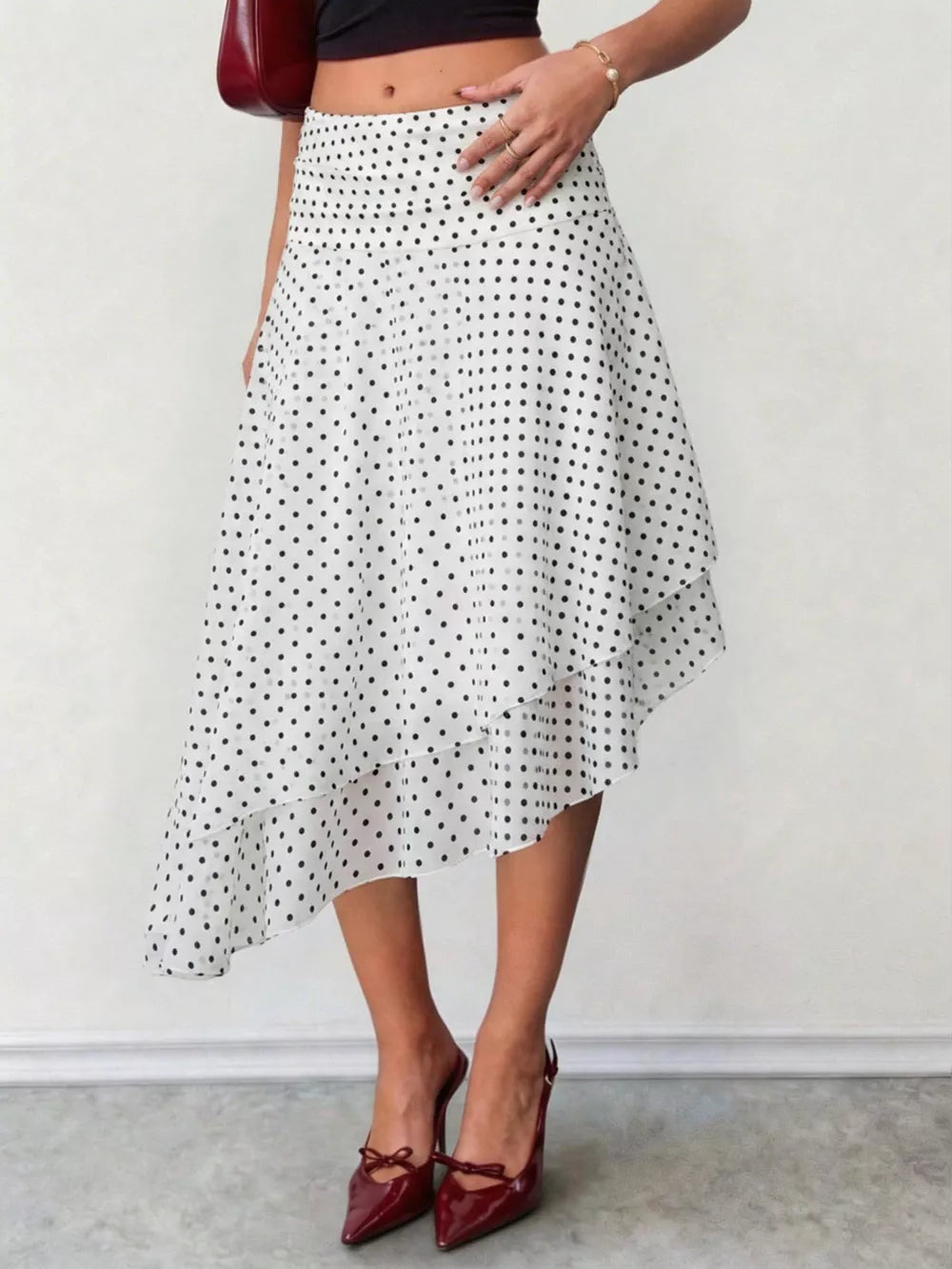 Polka Dot Asymmetrical Hem Midi Skirt in White