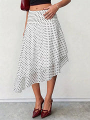 Polka Dot Asymmetrical Hem Midi Skirt in White
