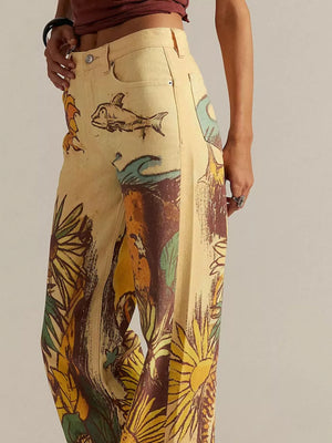 wide-leg jeans featuring mixed-motif print in cream with 50%cotton, 50%spandex Care instructions: Machine wash cold texture