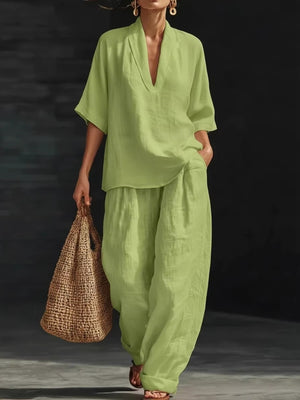 pajama set in sage green featuring pocketed and loose fit