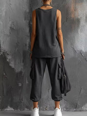 Navy Blue Casual Tank And Cargo Pants Set Plus Size