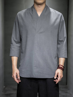 Men's grey V-neck 3/4 sleeve relaxed fit shirt made of cotton blend