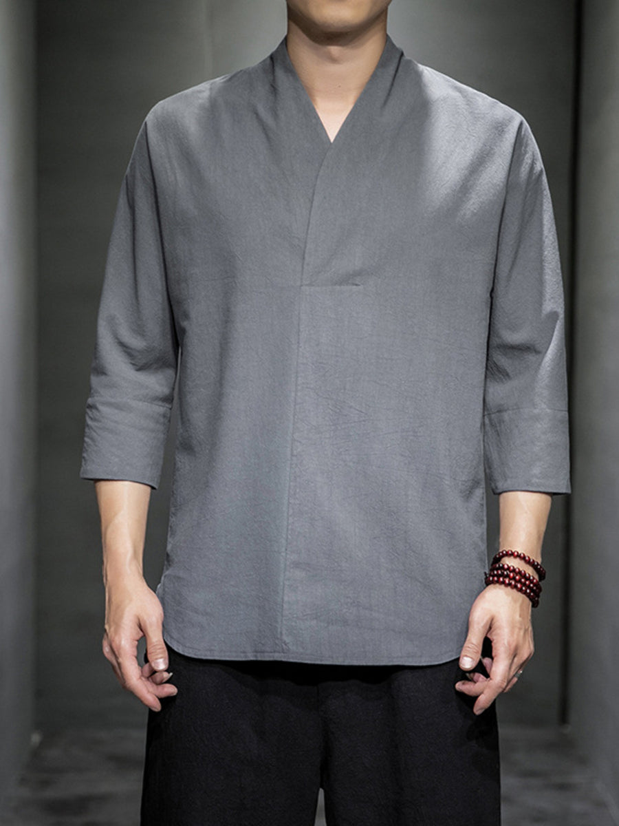 Men's grey V-neck 3/4 sleeve relaxed fit shirt made of cotton blend