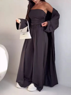 Black with Strapless Ruched Crop Top & Wide-leg Pants Set in Black