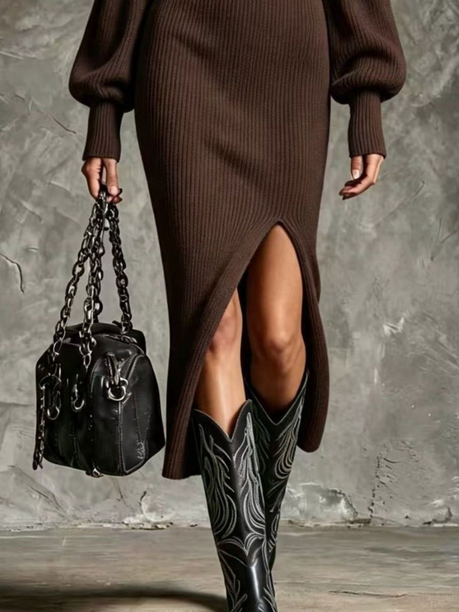 Ribbed Knit Quarter-Zip Sweater Dress in Ochre with side slit