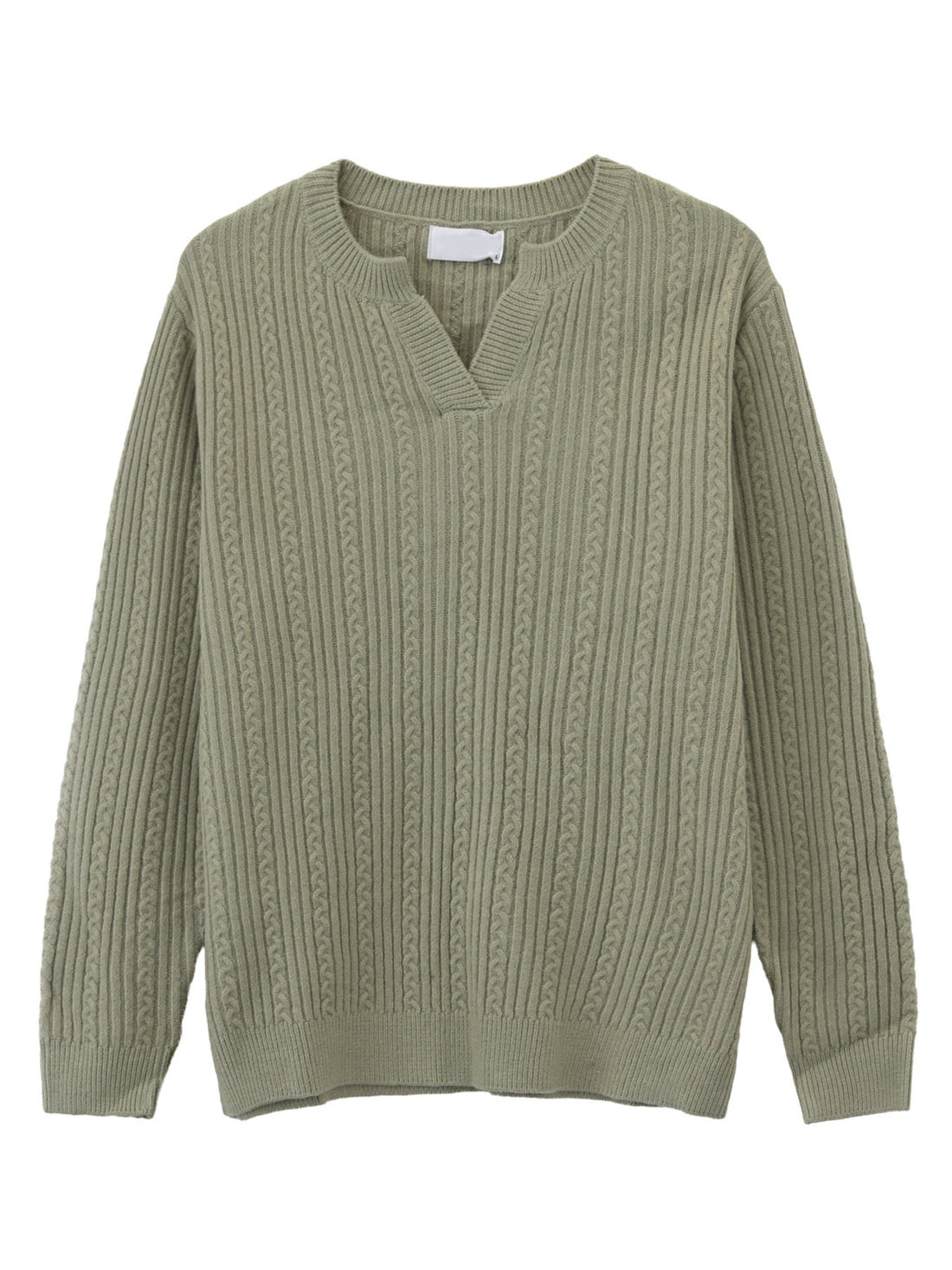 sage green pullover sweater with cable knit and v-neck
