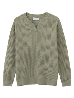 sage green pullover sweater with cable knit and v-neck
