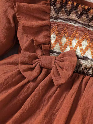 Light Brown with Children's Bow Long Sleeve Blouse And Pants Set in Light Brown