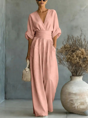 Light Blue jumpsuit with wide-leg and elbow sleeve