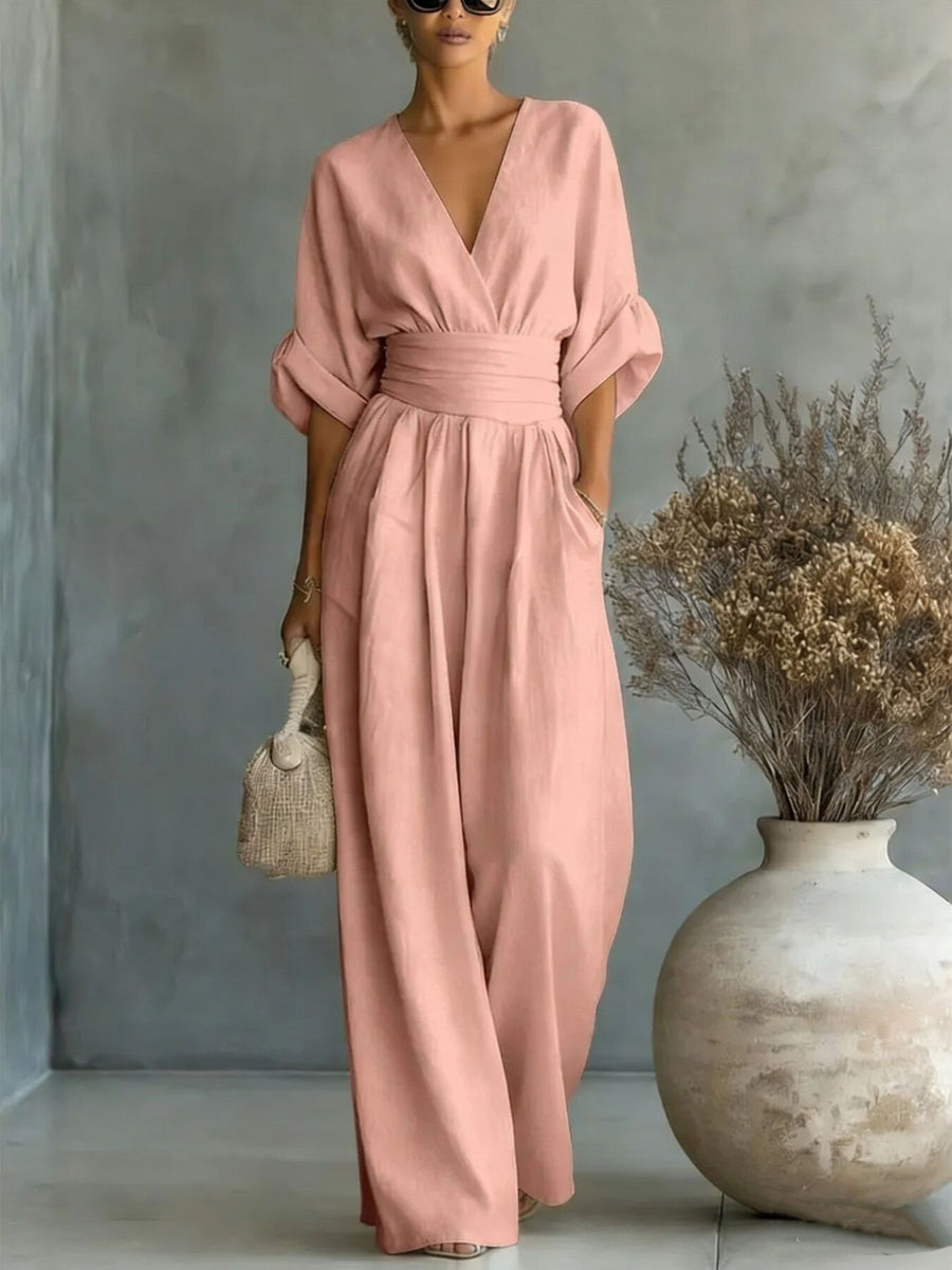 Light Blue jumpsuit with wide-leg and elbow sleeve