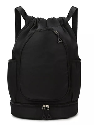 Black drawstring duffel bag with zippered bottom compartment and side pockets.