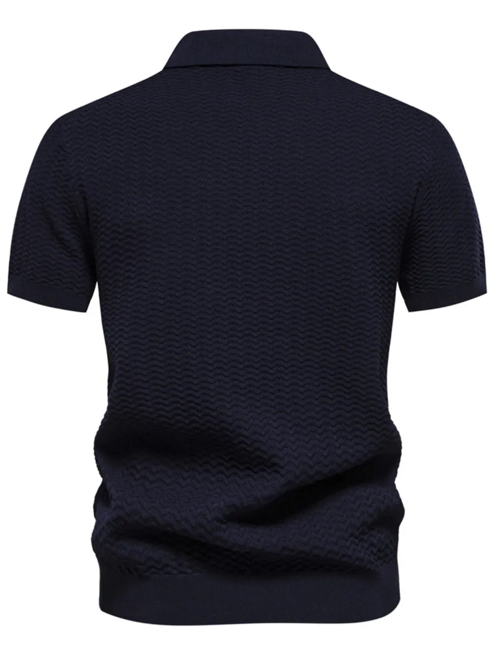 Dark Navy chevron stripe knit polo shirt with short sleeves and a zip neckline.