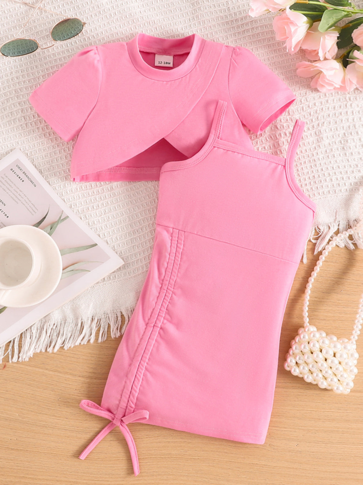 Toddler pink cotton blend crop top and drawstring dress set with ruched sides.