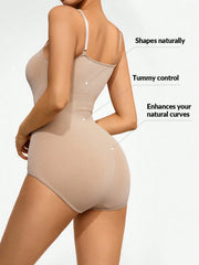 Ribbed contour shaping bodysuit in Dust Storm with tummy control and adjustable straps.