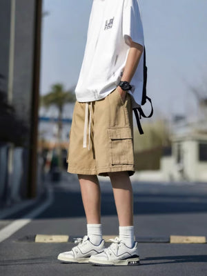 Men's tan casual cargo shorts with drawstring and side pockets