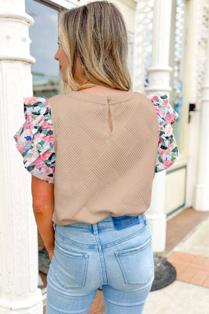 Beige geometric textured shirt with floral flutter sleeves and a keyhole back detail.