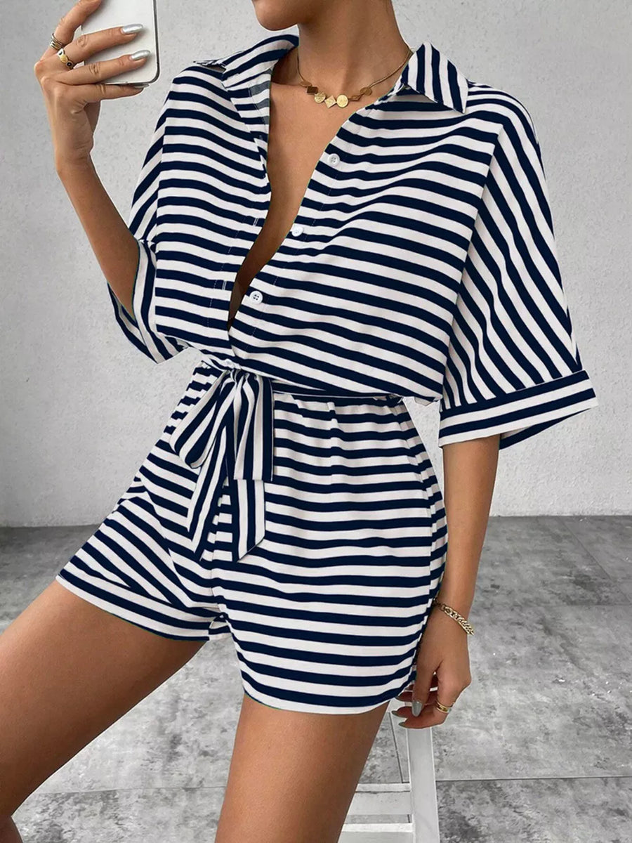 Striped Button Front Half Sleeve Romper in Deep Red