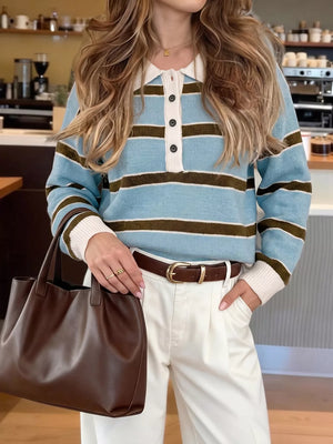 Striped Polo Collar Sweater in Blue
