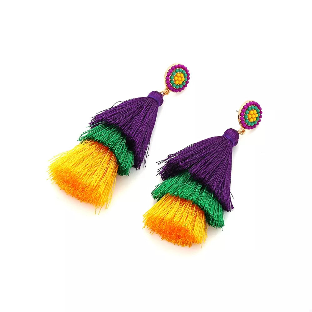 Vibrant layered tassel earrings in purple, green, and yellow with beaded stud tops.
