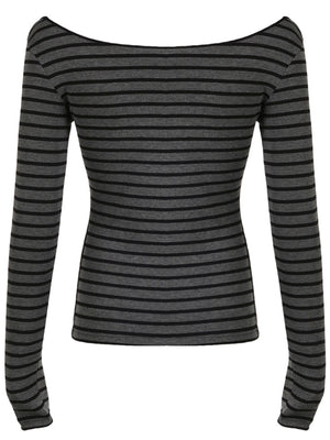 Grey and black striped long sleeve t-shirt with a boat neck