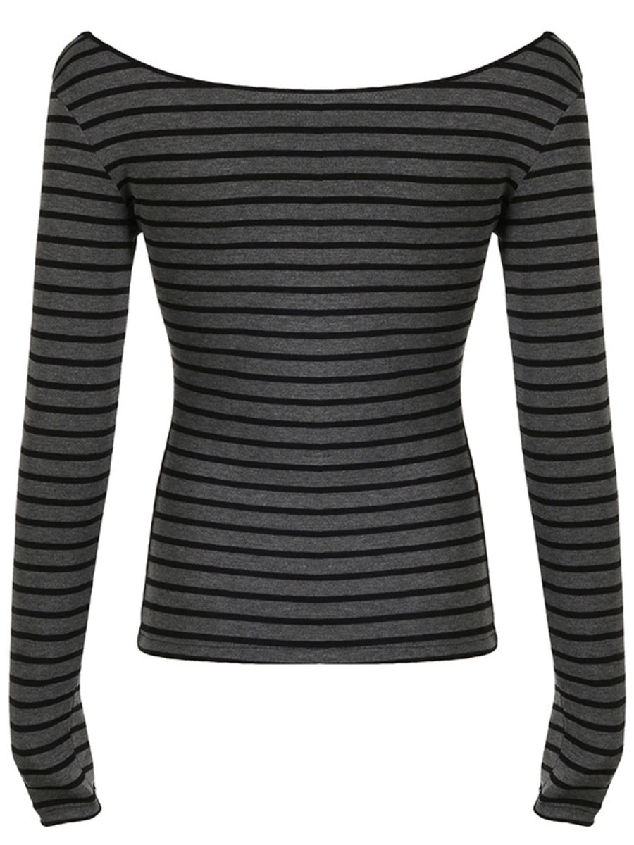 Grey and black striped long sleeve t-shirt with a boat neck