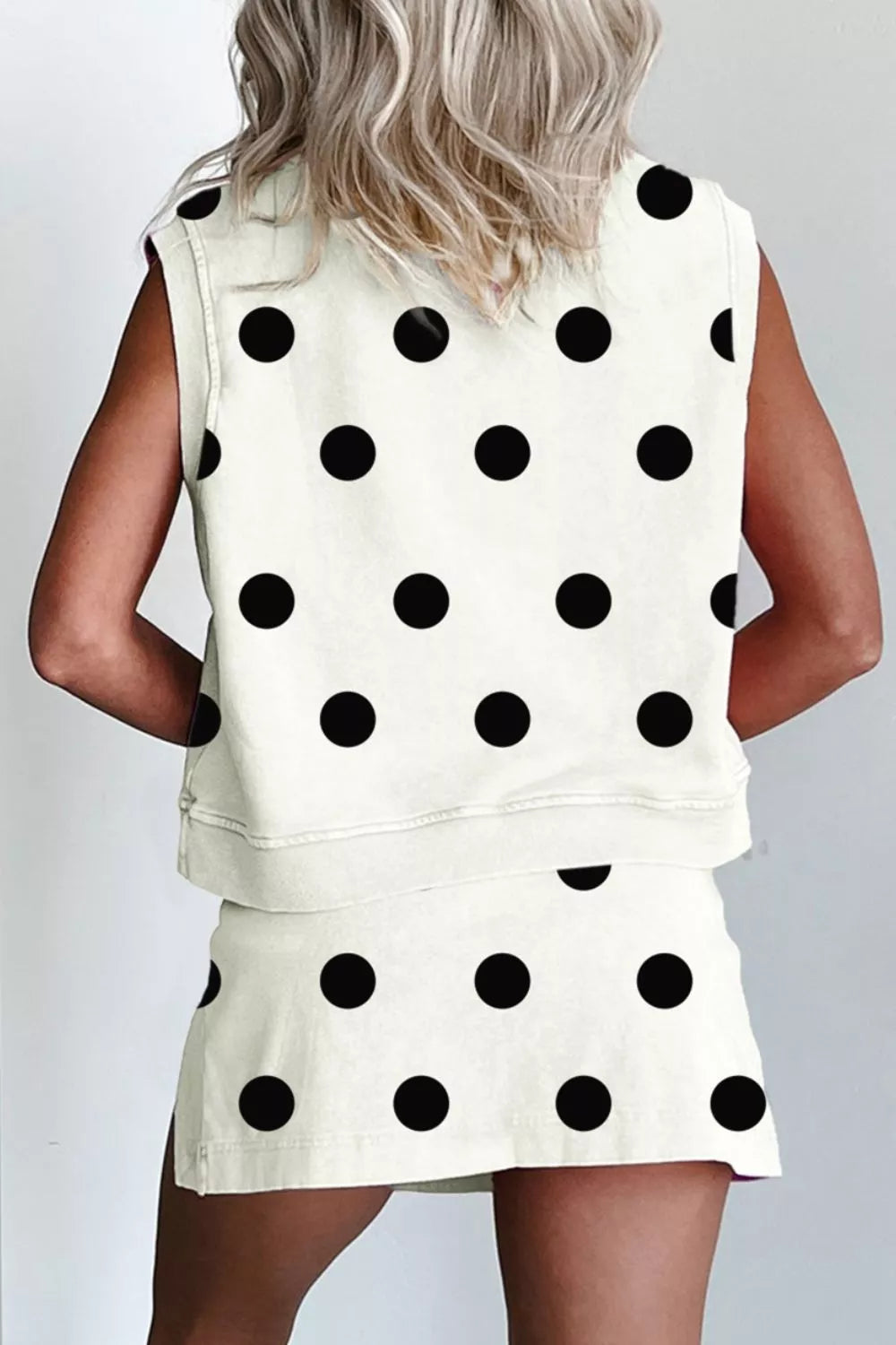 Cream polka dot ribbed trim two-piece set with sleeveless top and skirt