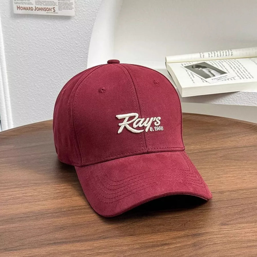 Deep Red embroidered baseball cap with white "Ray's E. 1968" text.