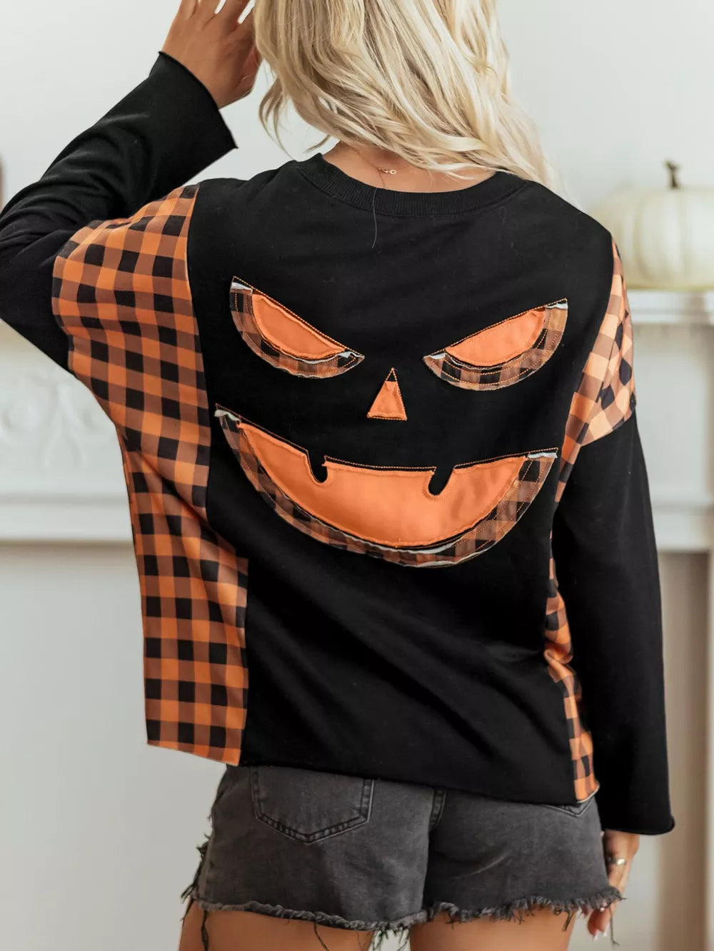 black t-shirt with plaid and crew neck