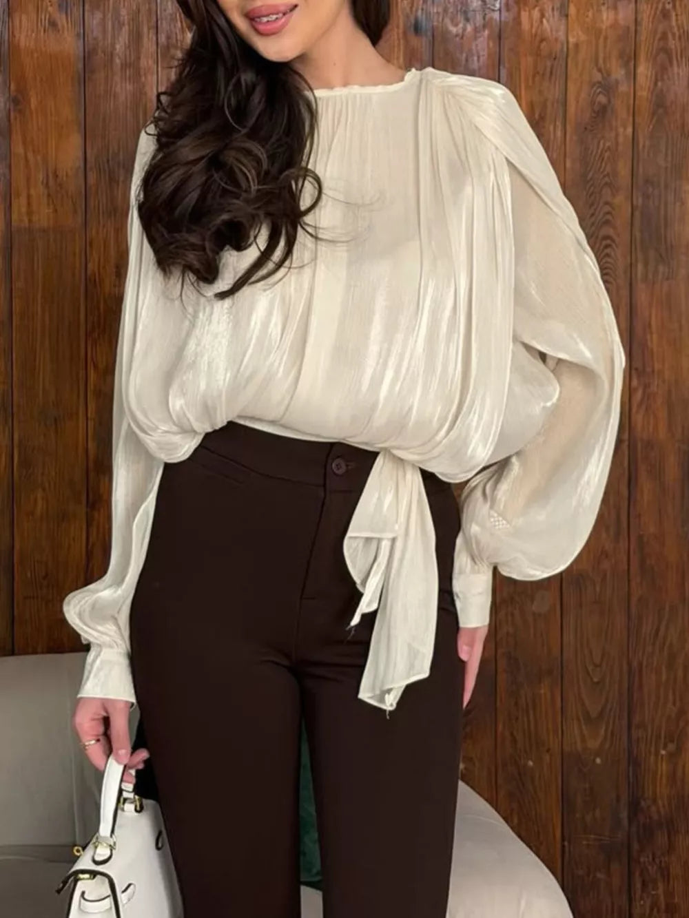 romantic blouse in Tan with round neck