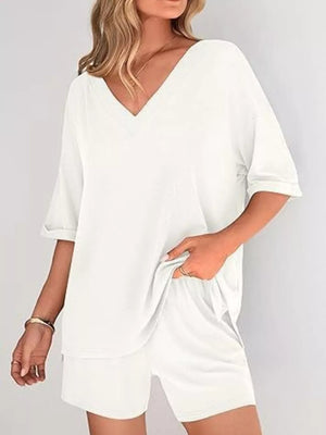 Orange Red Solid Color V-neck And Shorts Set