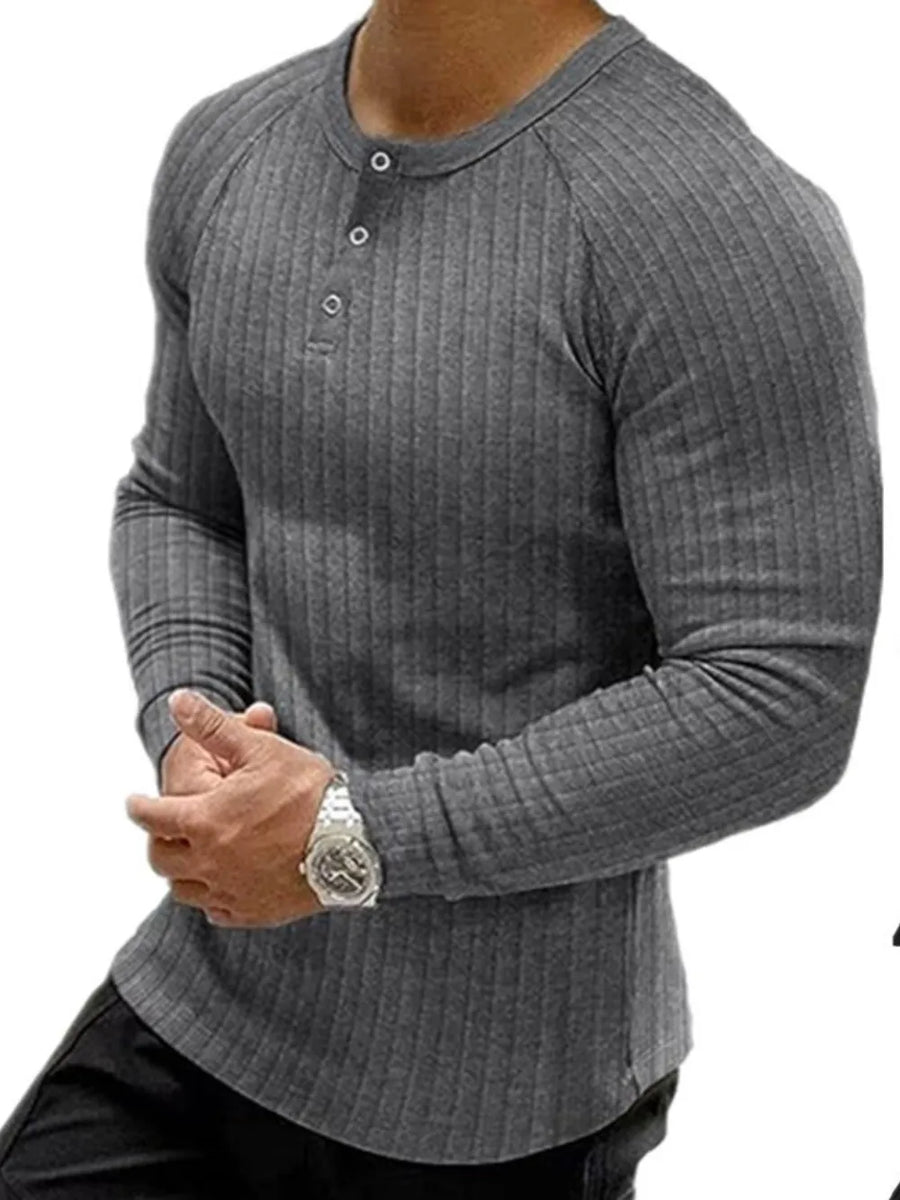 Dark Gray ribbed henley tee with raglan sleeves and button detail.