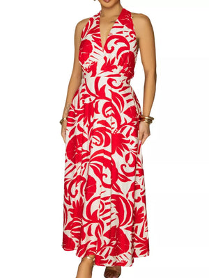 maxi dress in Red with abstract floral and tied