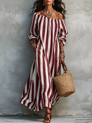 burgundy maxi dress with striped and off-shoulder