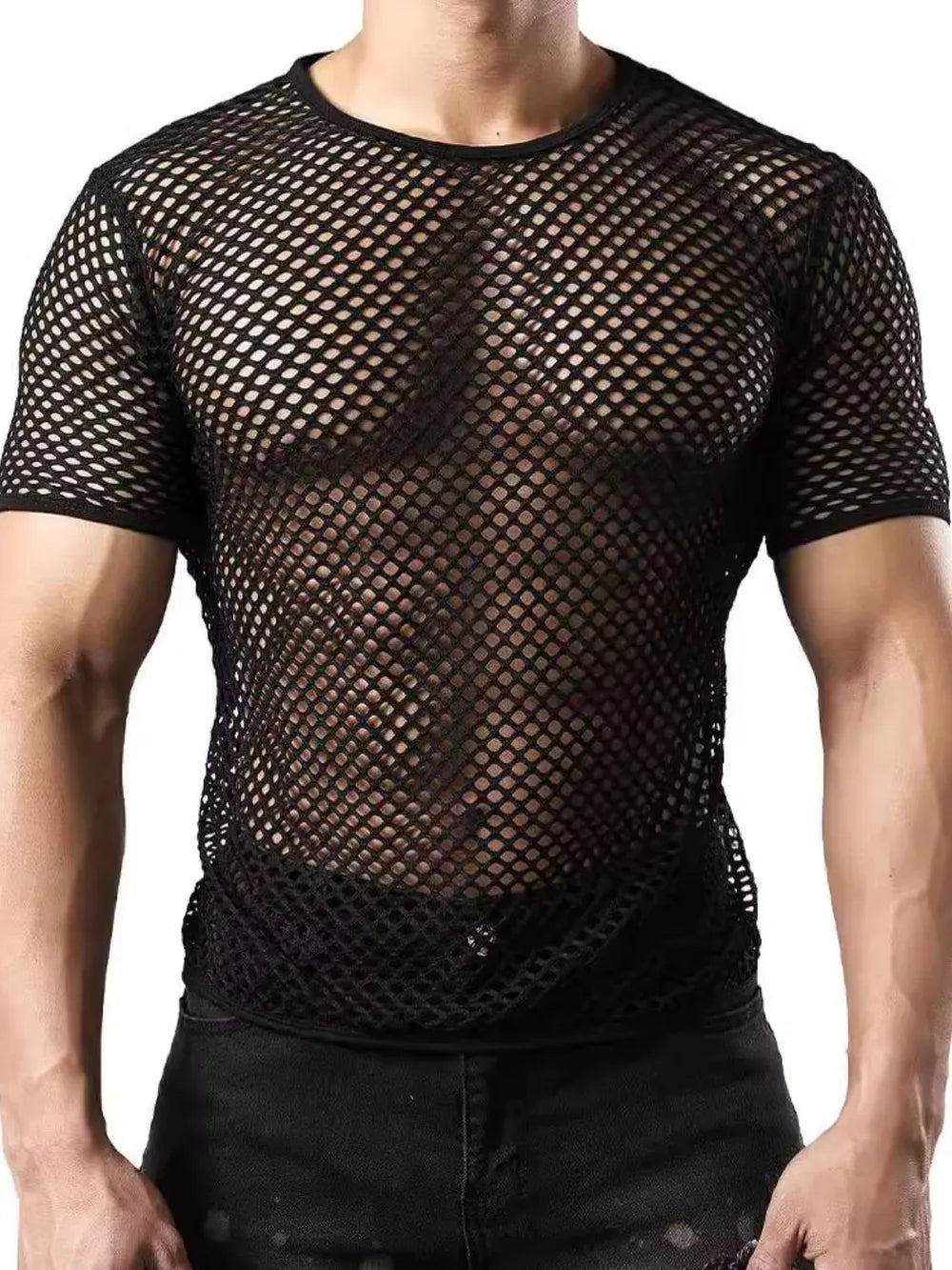 Black mesh knit crew neck tee with short sleeves and a breathable, open weave.