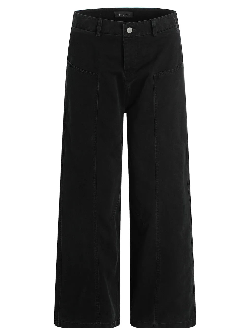 Black relaxed fit men's casual sweatpants with wide legs and front seam detail.
