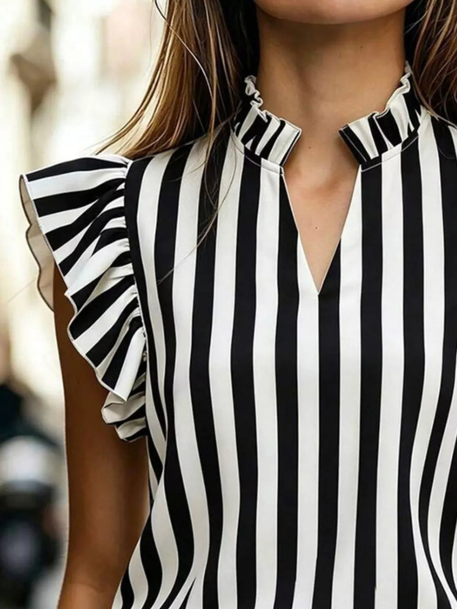 Striped ruffled sleeve shirt with a V-neck and ruffled collar.