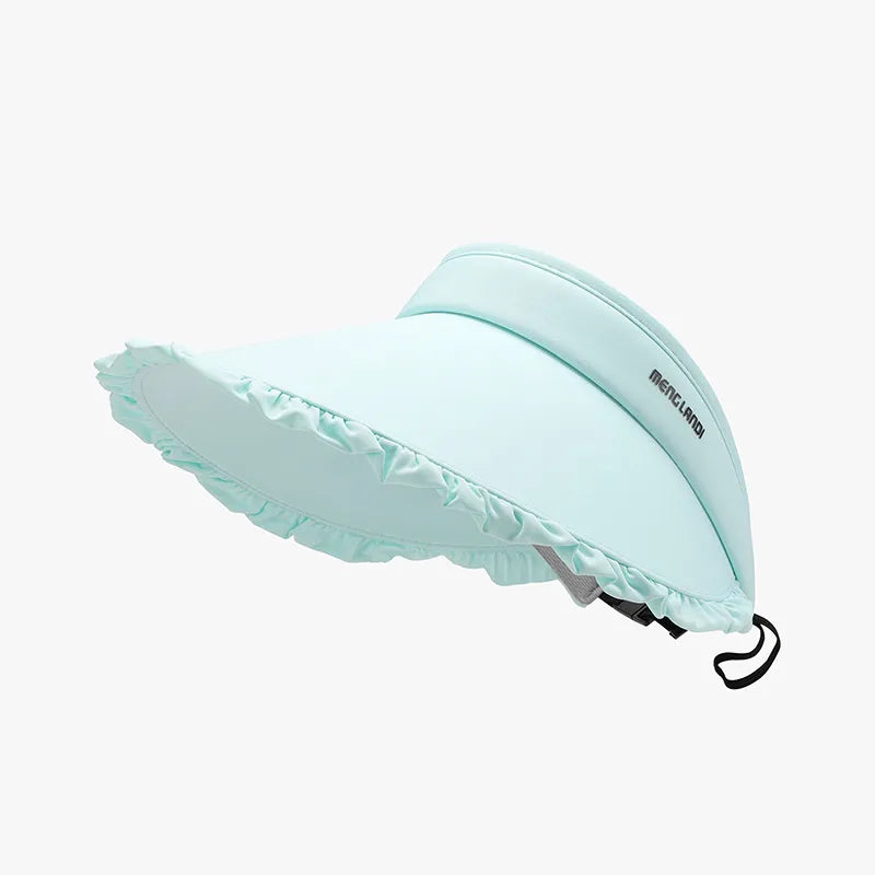 Light blue ruffled visor with adjustable drawcord and wide brim