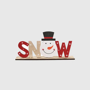 Festive wooden SNOW word block set with snowman face, red and natural wood letters, holiday decor