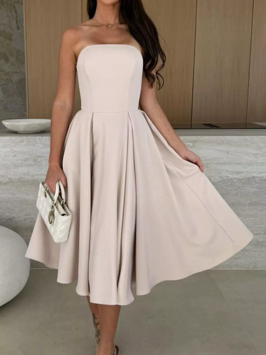 A-line dress in beige featuring ruched and A-line fit