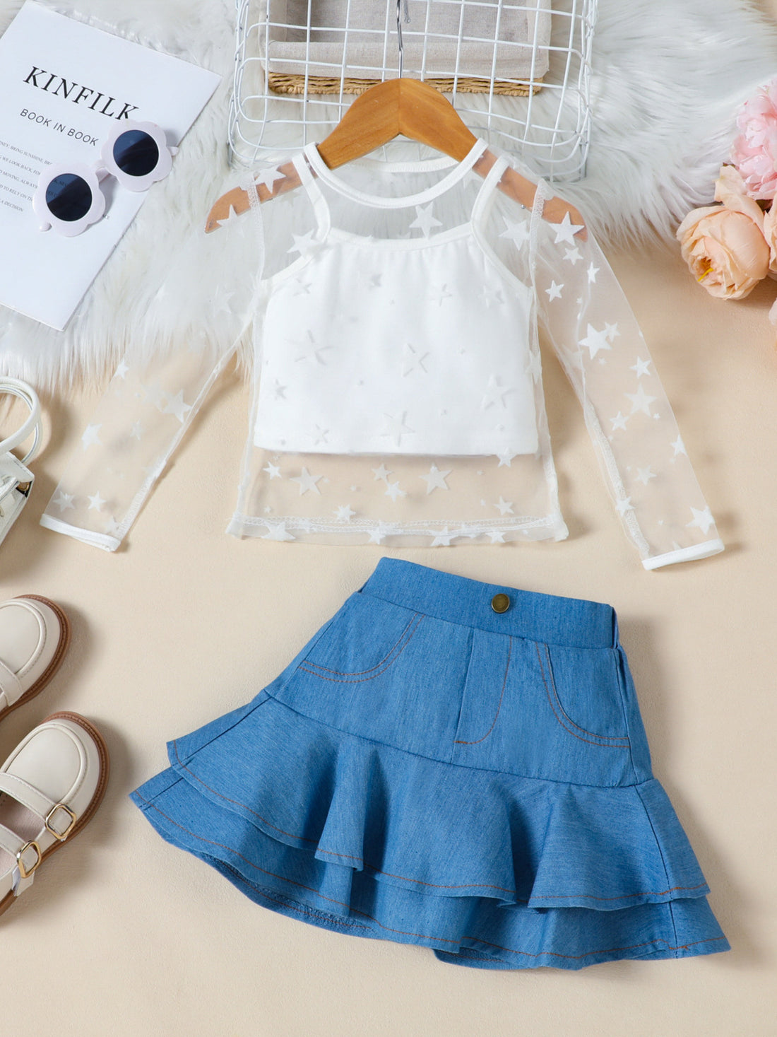 Toddler white star print sheer long sleeve cami set with denim ruffle skirt
