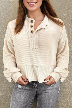 Ivory with Corded Texture Lantern Sleeve Henley Sweatsuit