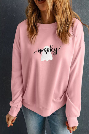blush pink sweatshirt with graphic print and crew neck