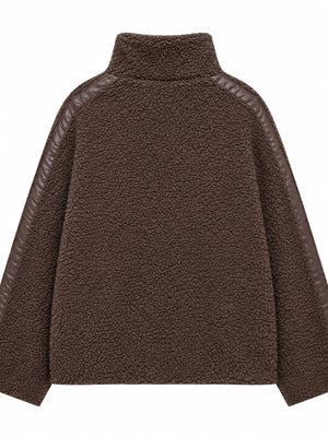 sherpa jacket in Black-Ribbed with zipper and hip-length