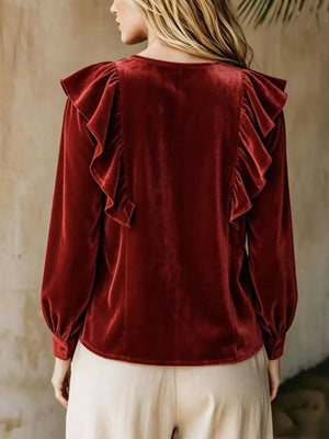 Gold Full Size Ruffled V-neck Long Sleeve Blouse