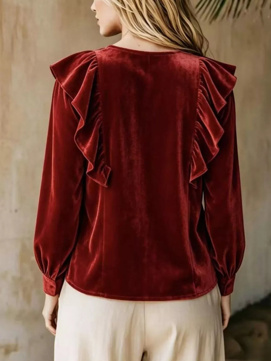 Gold Full Size Ruffled V-neck Long Sleeve Blouse