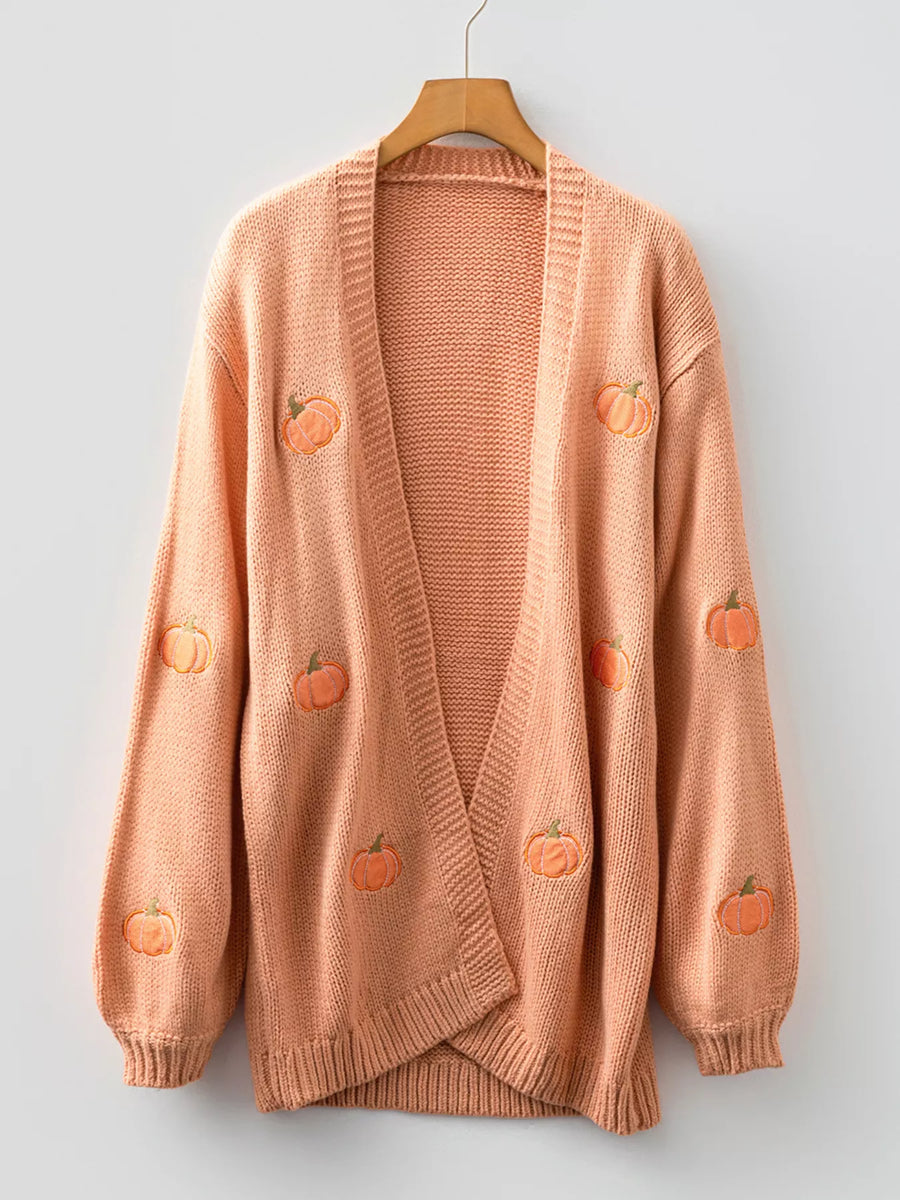 Embroidered pumpkin midi cardigan in sherbet with an open front and long sleeves.